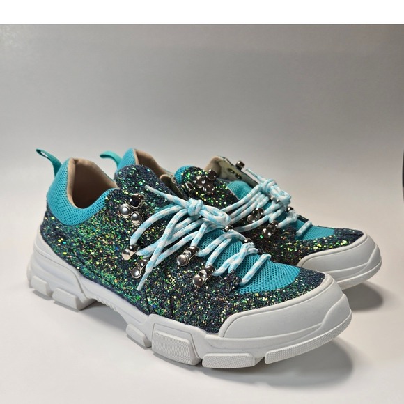 Chase + Chloe Shoes - Chase and Chloe Glitter Chunky Sneakers Womens 8.5 Turquoise Y2K NEW NWOB